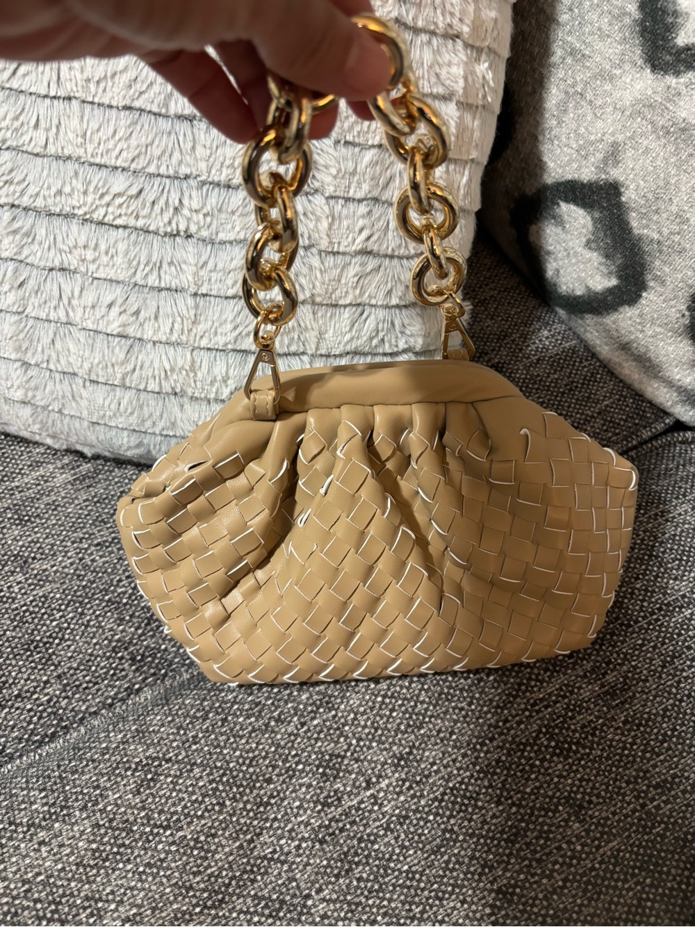 Woven Beige small clutch dumpling  Bag with Gold Chain Handle